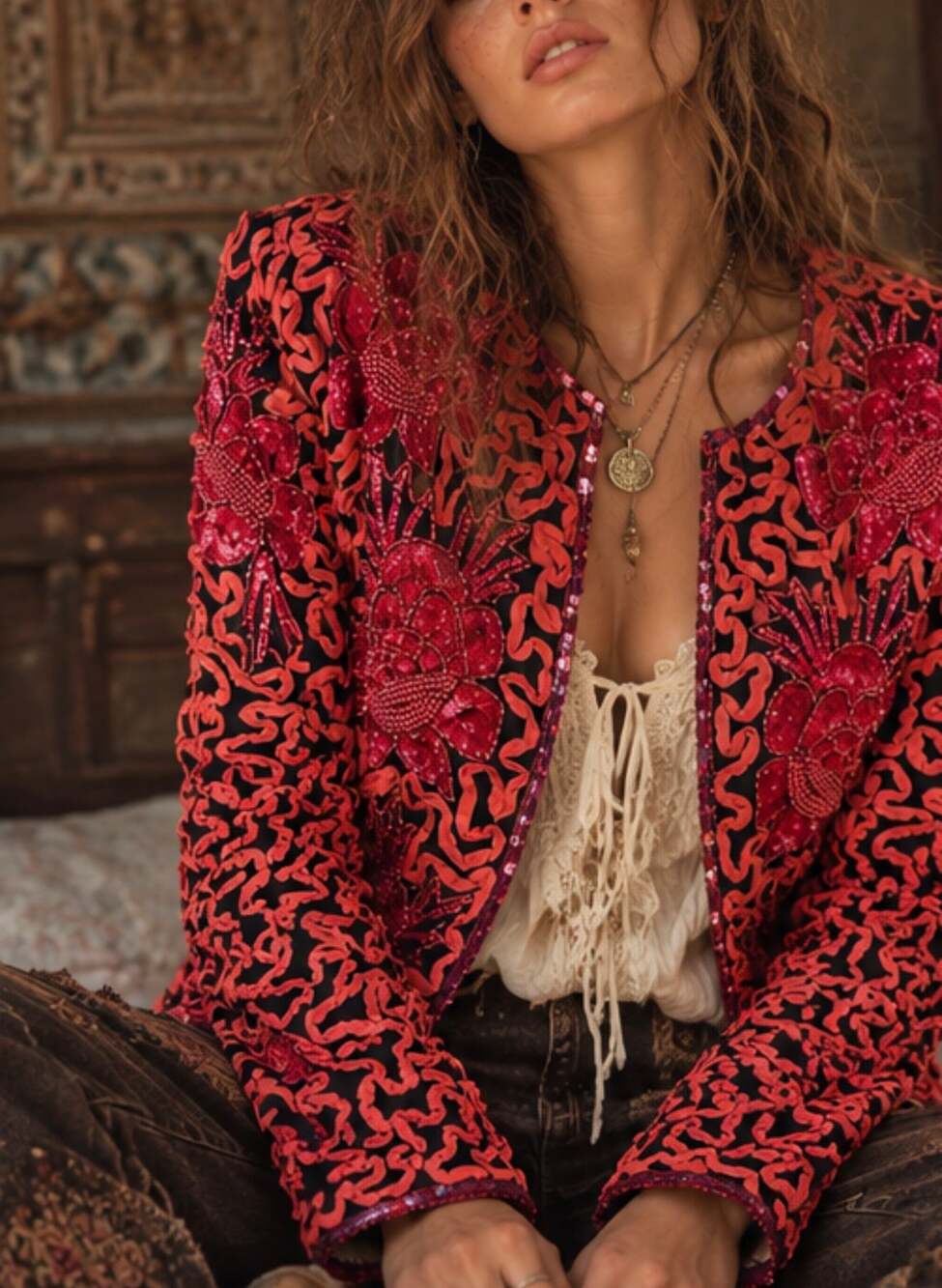 Vintage Aries On Knob Hill 100% Pure Silk Floral Sequin Beaded Abstract Jacket